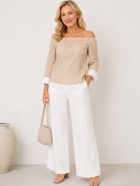 NWT Lafayette 148 Khaki Checker Gingham Off Shoulder Blouse Tan White Cuffs XS‎